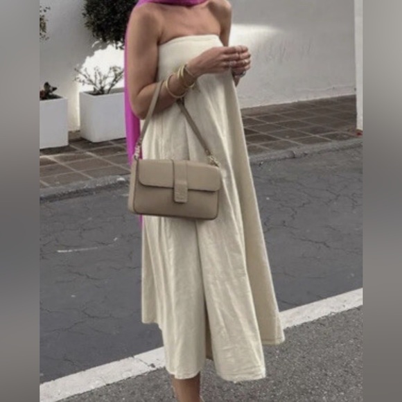 ZARA WOMEN SIZE XS LINEN BLEND MIDI DRESS STRAPLESS IVORY WITH POCKETS - Picture 2 of 11